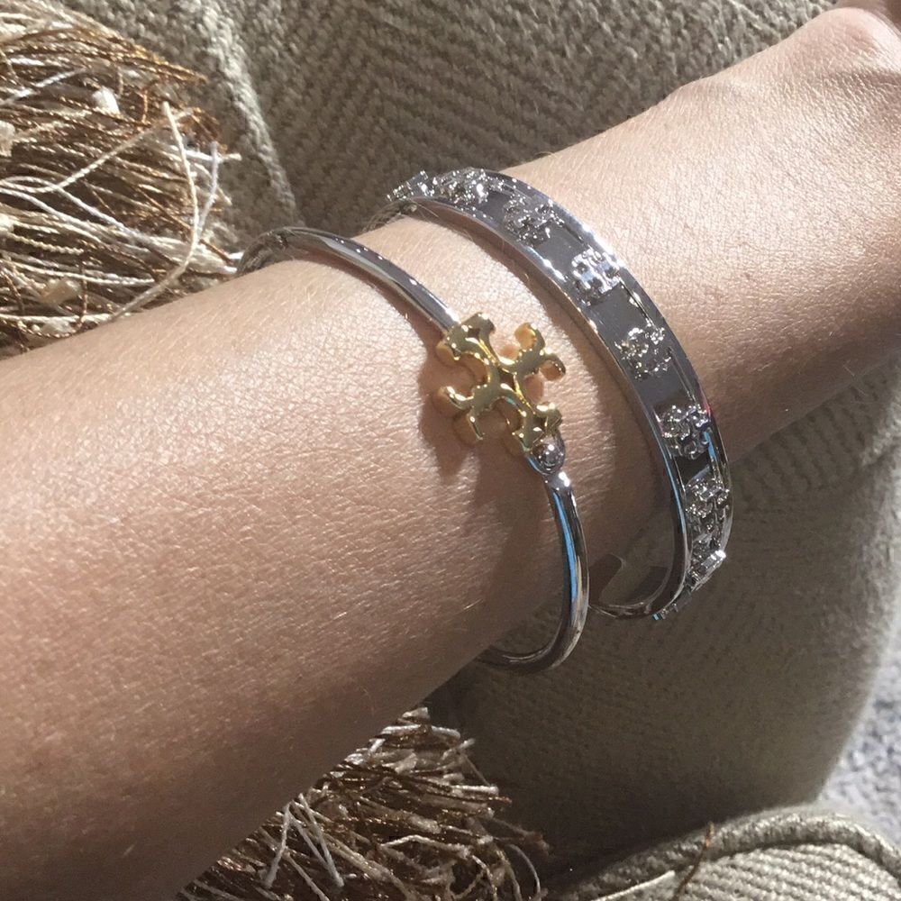 TORY BURCH RAISE LOGO SILVER OPEN CUFF BRACELET FITS MOST SIZES
